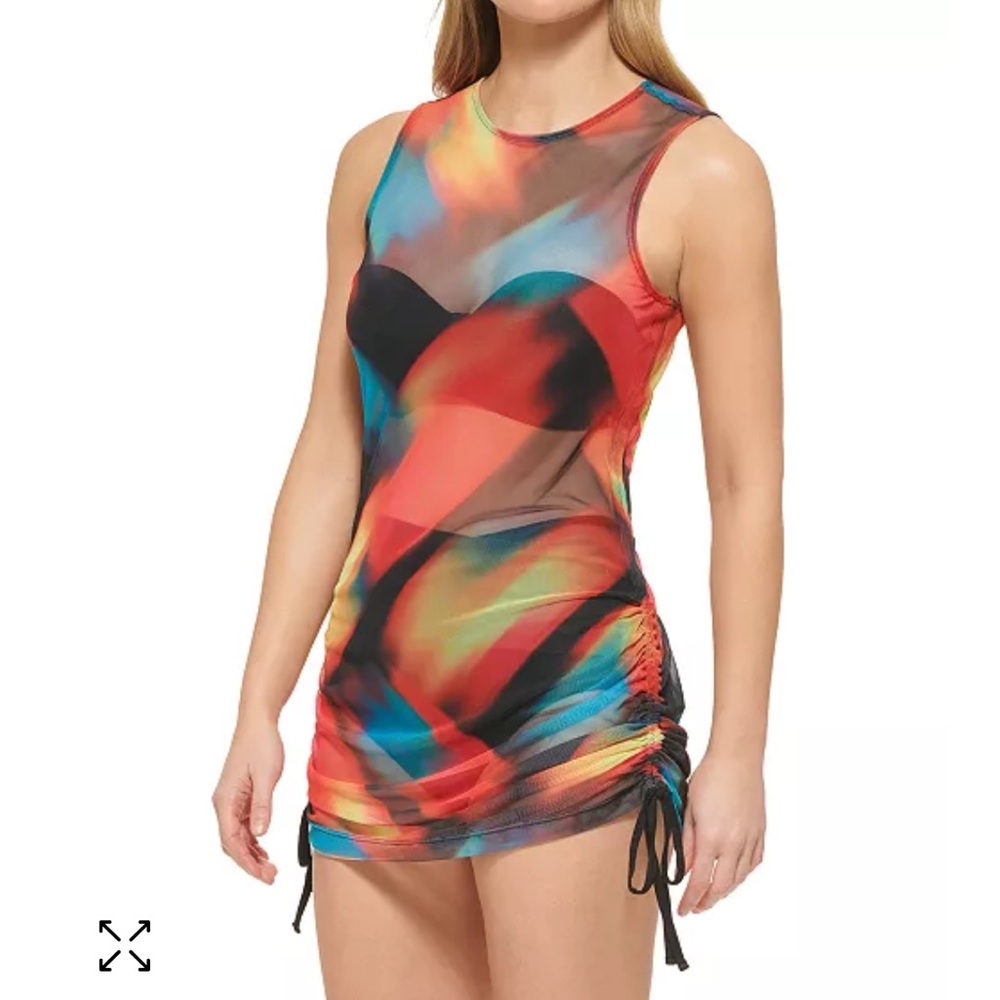 Women's Printed Ruched Adjustable Mesh Mini Dress